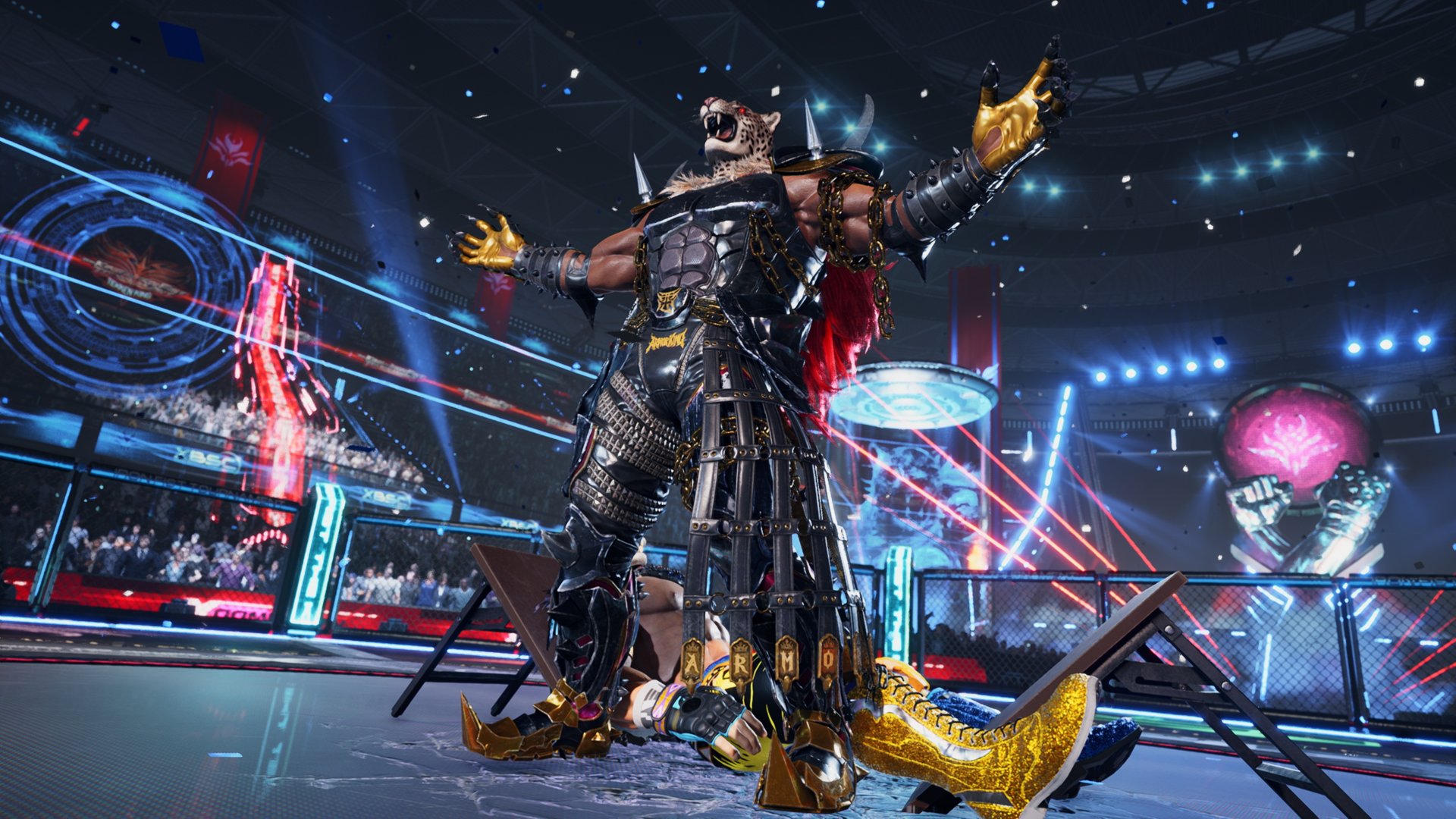 Armor King DLC character in Tekken 8 featuring jaguar mask and golden ornate armor in futuristic arena
